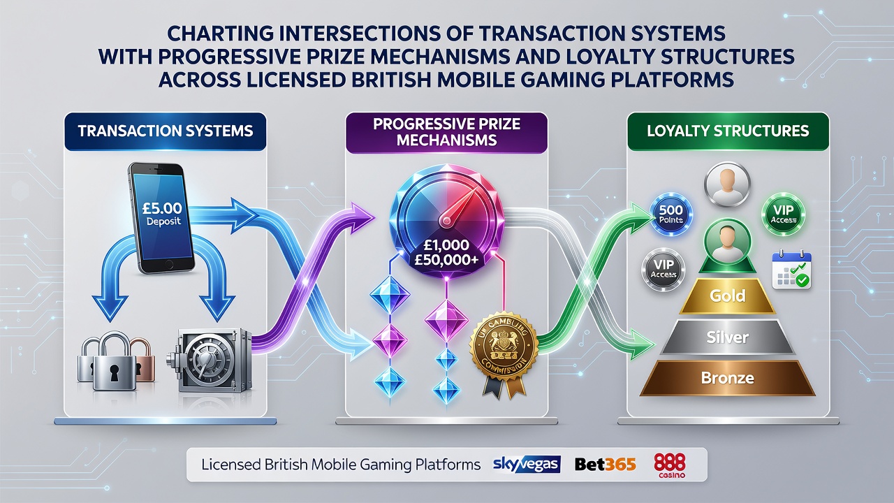 Mobile gaming interface showing transaction flows connected to progressive jackpot meters and loyalty tier progress bars