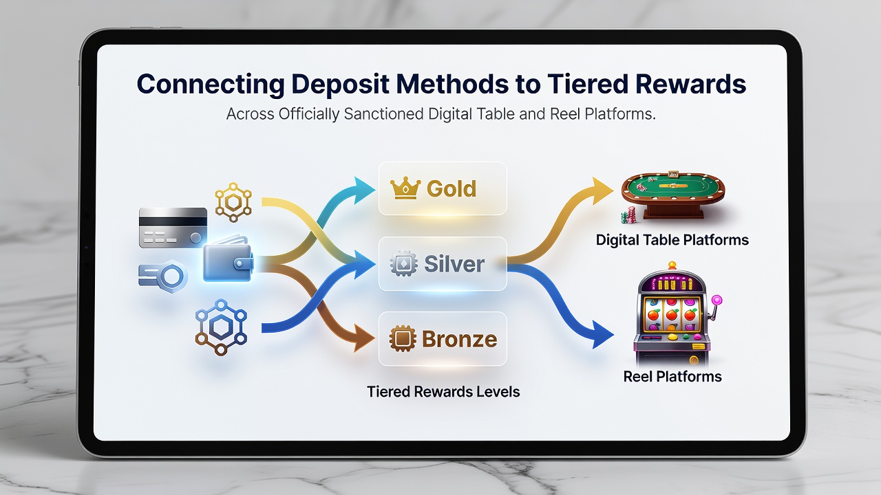 Illustration of deposit methods connecting to tiered rewards on digital casino platforms