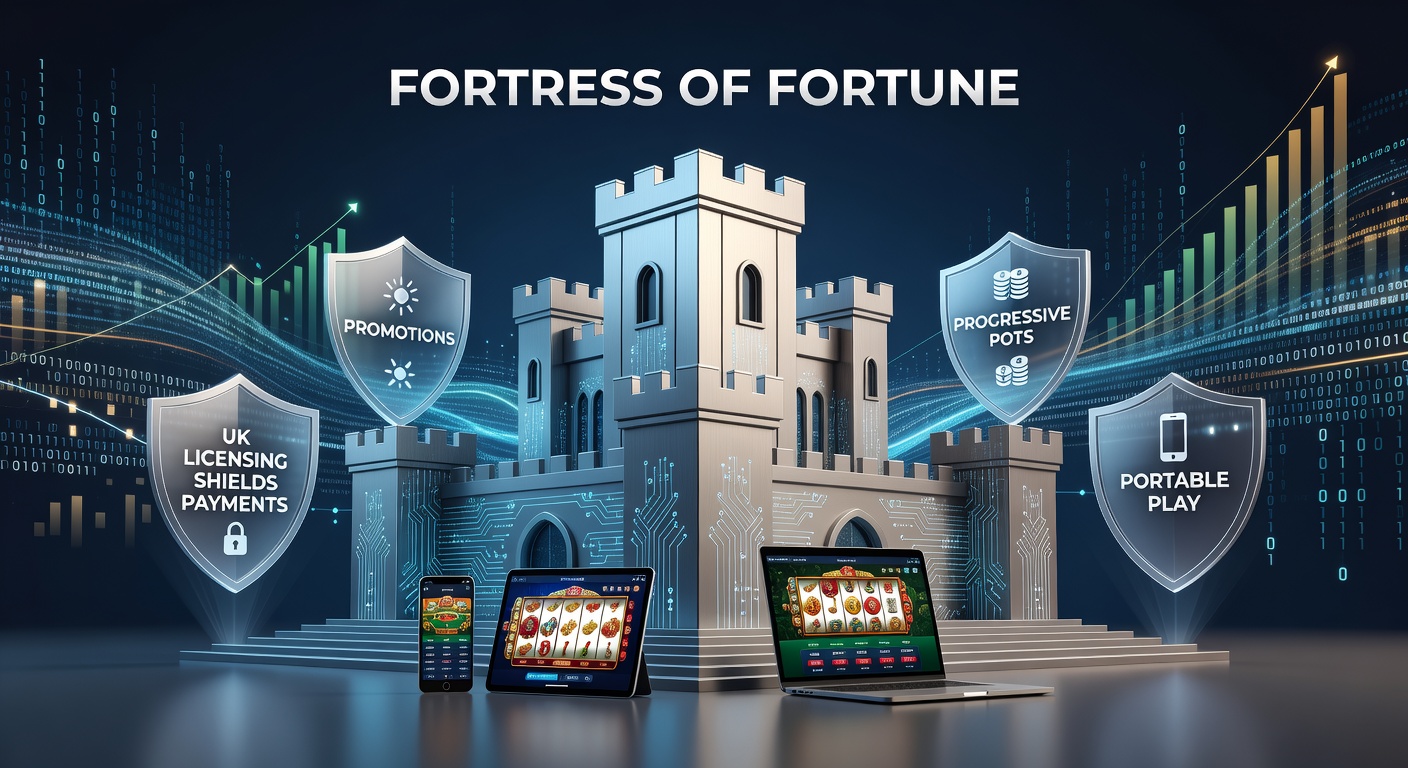 Digital fortress icon representing UK online casino licensing protections for payments, promotions, jackpots, and mobile features
