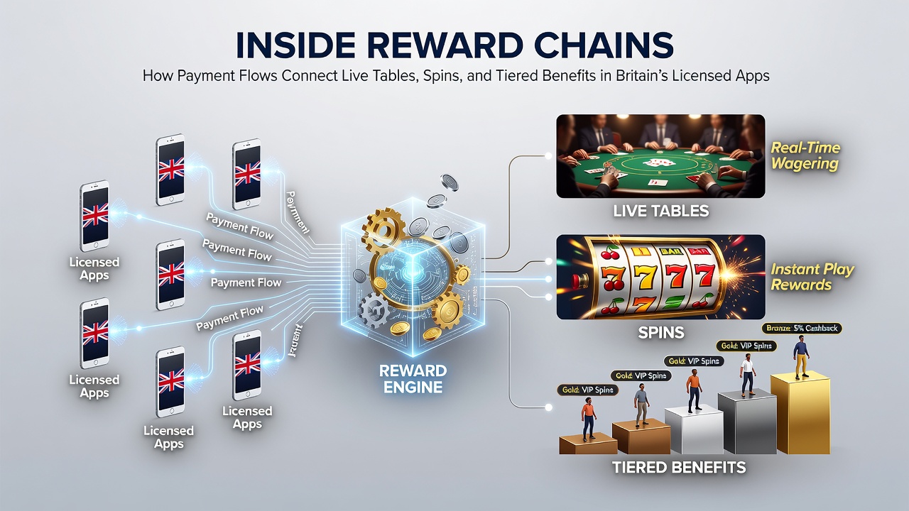 Illustration showing payment flows linking deposits to live tables, spins, and tiered rewards in licensed UK casino apps