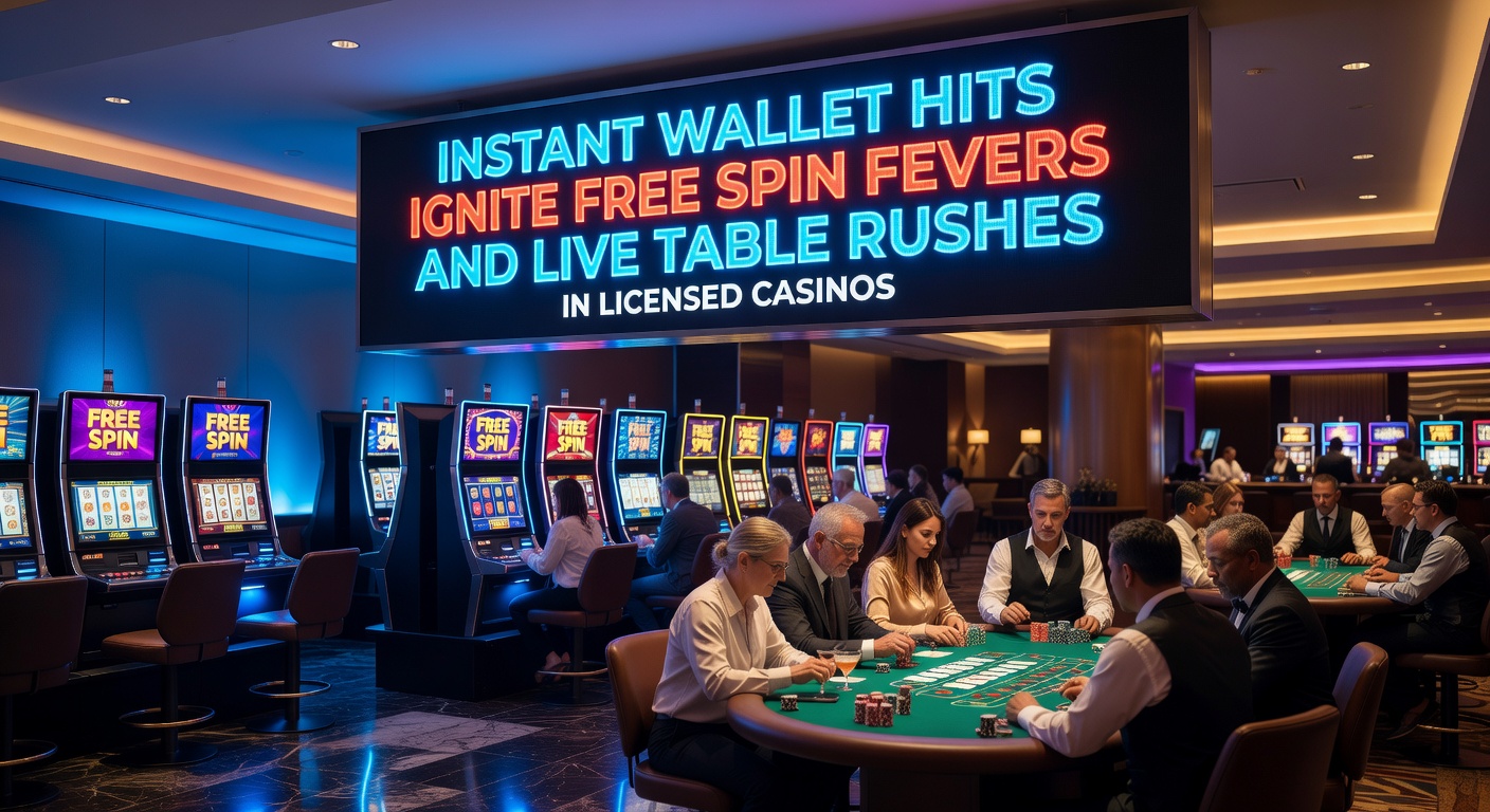 Vibrant casino floor with players at slot machines and live tables, digital wallet icons overlayed showing instant transactions