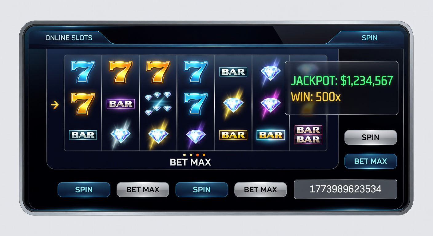Vibrant online slot reels spinning with colorful symbols and jackpot counters glowing brightly against a digital casino backdrop