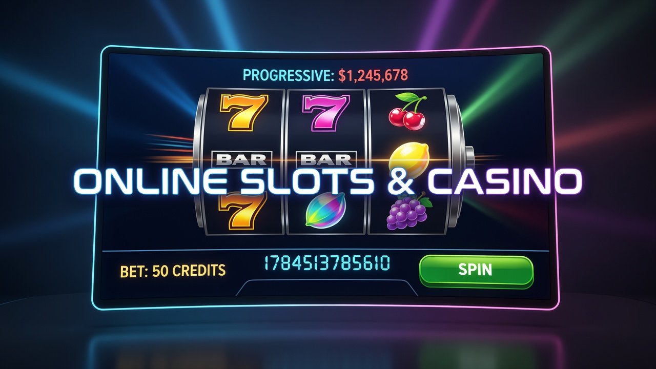 Online slots interface on a digital screen showing spinning reels and casino elements