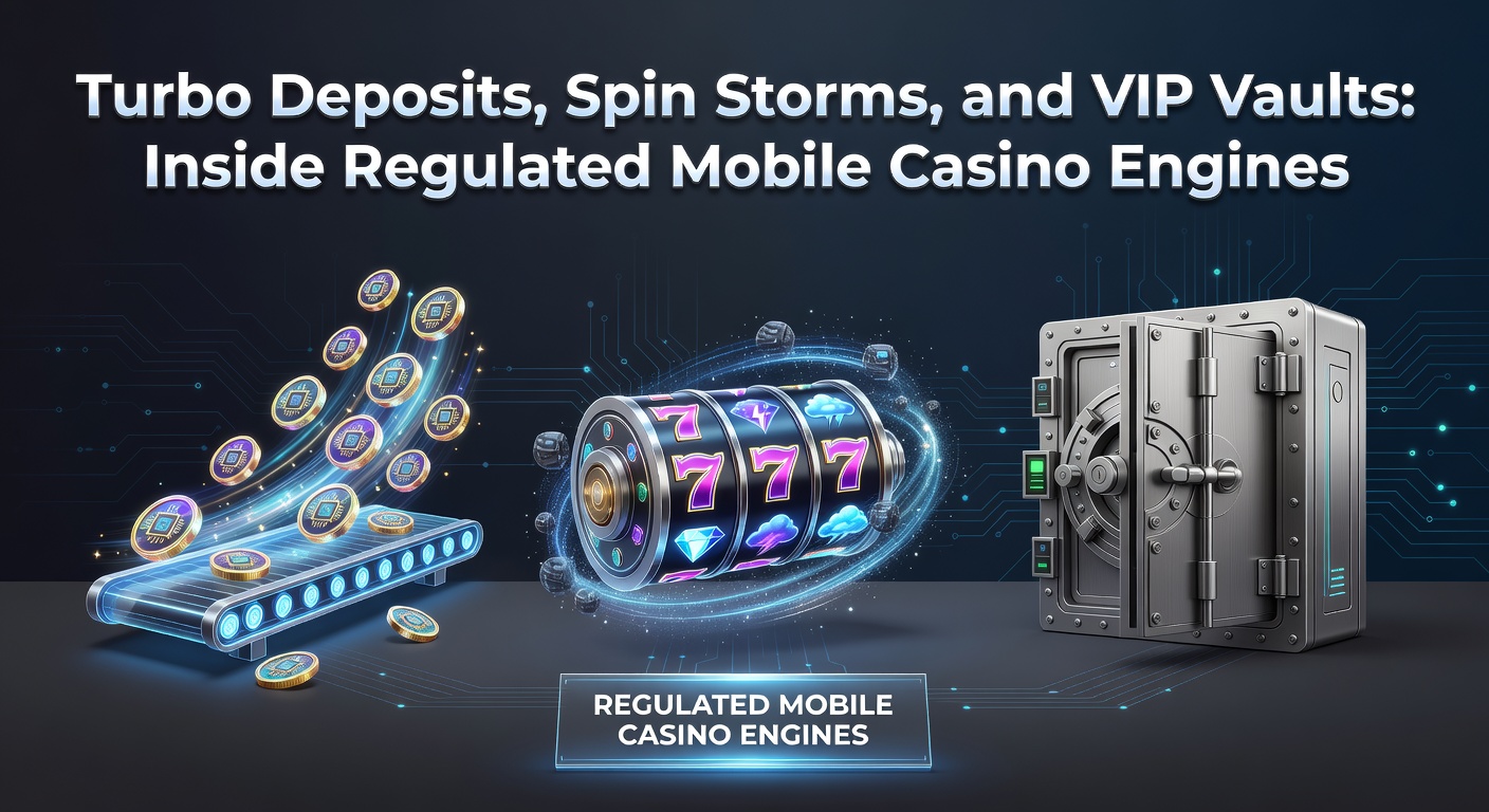 Dynamic illustration of a mobile casino interface showing lightning-fast deposits, swirling spin storms, and glowing VIP vaults in a high-tech engine backdrop